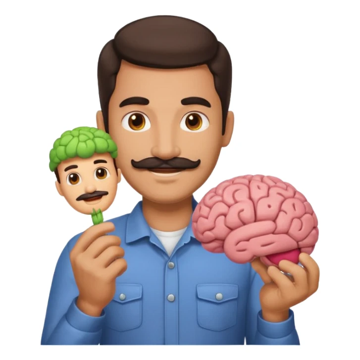 attractive man with dark hair and mustache holding a brain as an emoji sticker