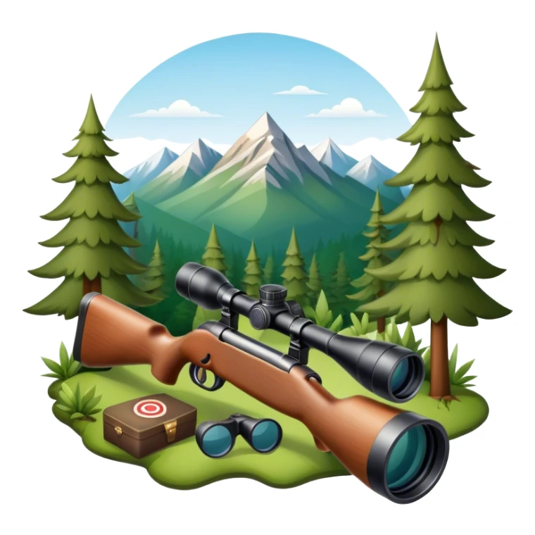 Icon for Hunting Tourism: hunting rifle, binoculars, and a target, surrounded by nature elements like trees, mountains, and wildlife tracks. The icon should represent the adventure and exploration of hunting tourism. Transparent background. sticker