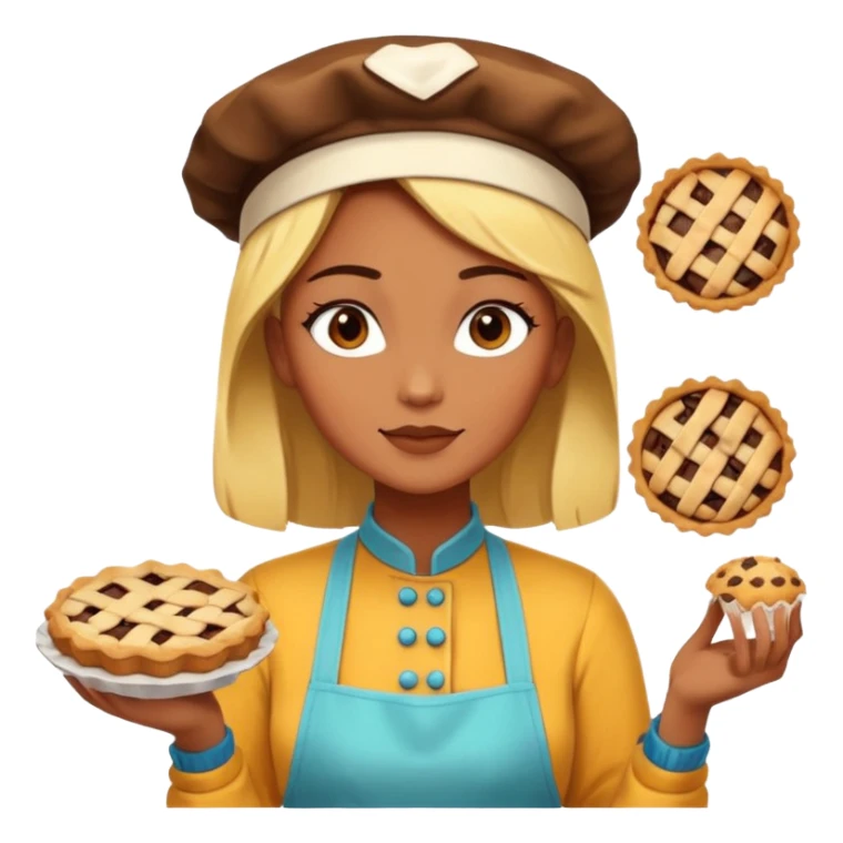 Baking community woman avatar in vibrant style illustration. Pie, cookie, and muffin warm golden tones, simple shapes, flat design, high contrast. sticker