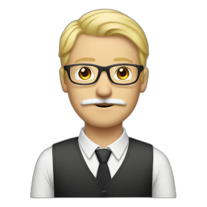 tall blonde man with glasses and mustache sticker