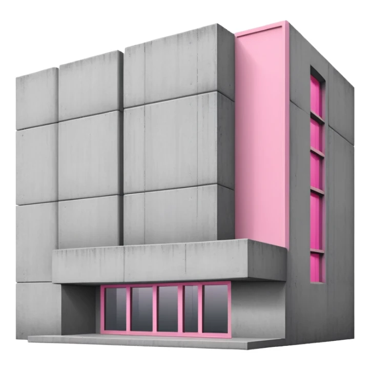 Minimalist brutalist building made of gray concrete with a pink window that stands out sticker
