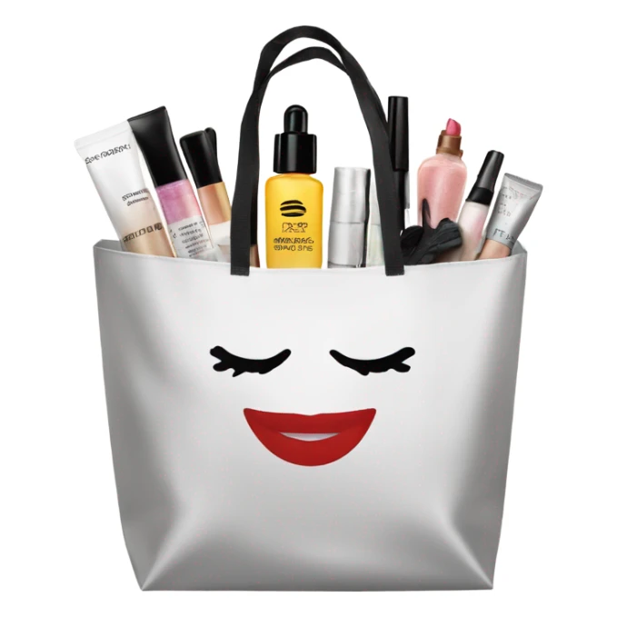 A Sephora shopping bag filled with makeup, skincare, and perfume sticker