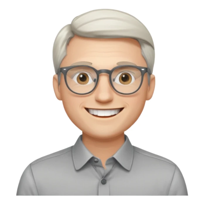 30 yr old pale white man, white/grey side swept stylish hair, round glasses, big smile, white teeth, handsome, longer hair, thin glasses, dress shirt sticker