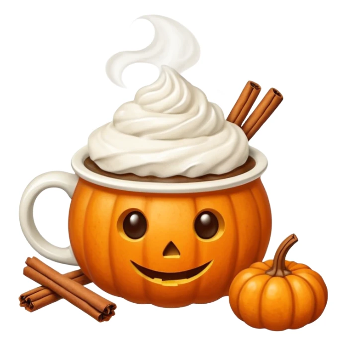 Steaming coffee Mug with whipped Cream and cinnamon Dust on Cream.  Small Punkin and 3 sticks of cinnamon next to mug sticker