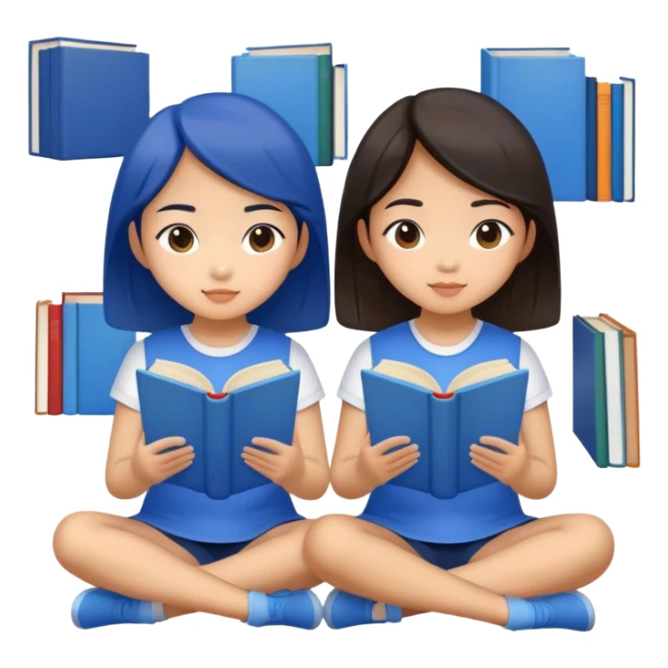 two asian girls sitting reading blue books sticker