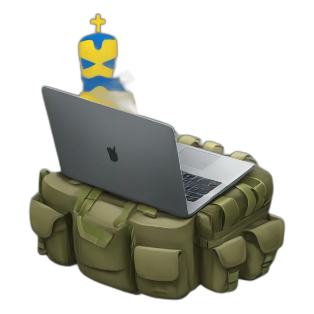Some military gut with ukrainain flag on shouder with laptop coding sticker
