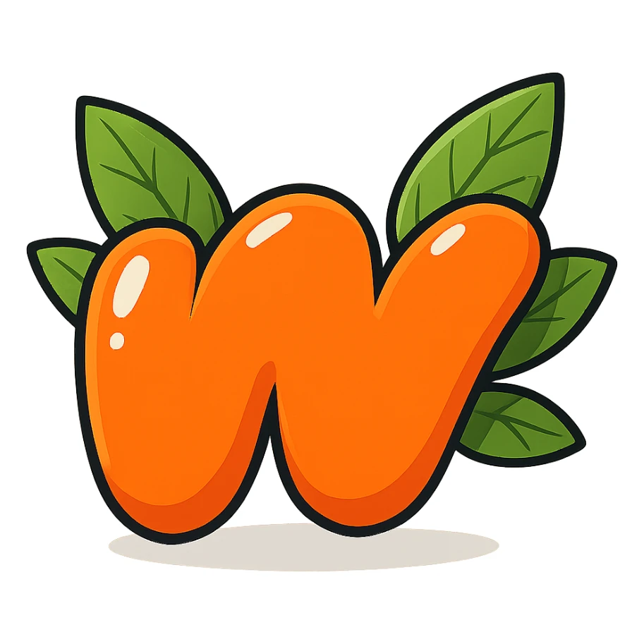 plump vibrant Wattpad logo 'w' in cartoon style with bold outline expressive shadows glossy highlights bright leaves arranged neatly behind logo one side slightly higher other side slightly lower asymmetrical no background sticker