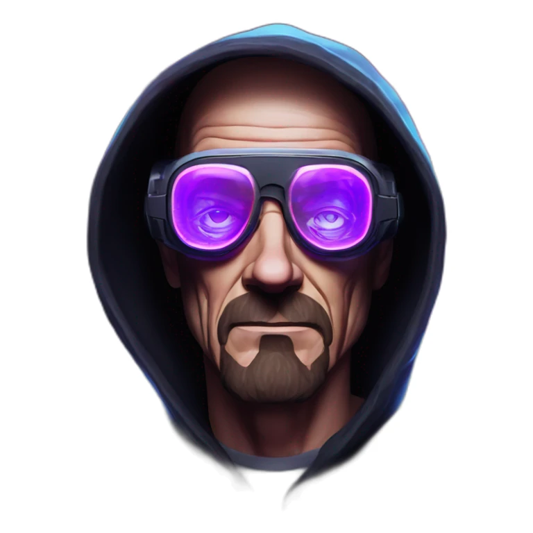Walter White wearing a black hoodie with "OMG" letters on it and VR headset in a cyberpunk VR environment with violet neon lighting. sticker