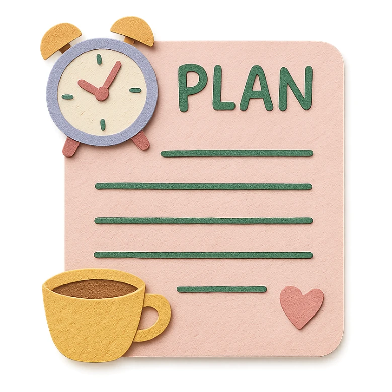 soft pastel daily planner page with coffee cup, cute clock, and heart doodles, hand-drawn style sticker