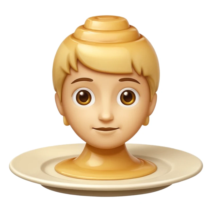apple style emoji of a bust stylized simplified sculpted from tall cylindrical flan with glossy creamy slightly translucent beige texture, all features flan, on white plate sticker