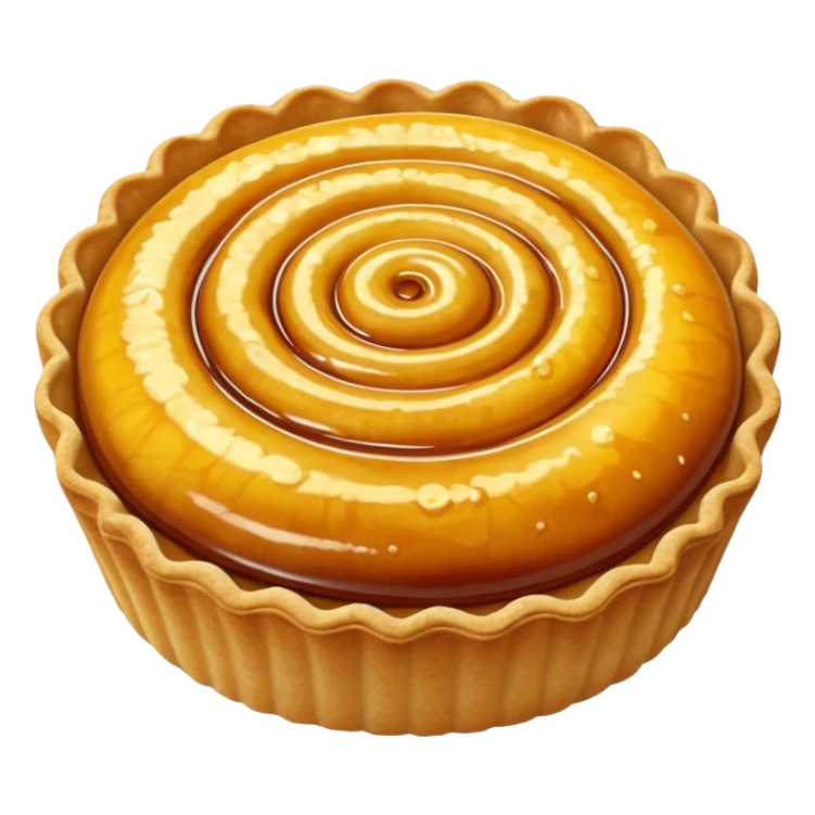 tart whole with golden crimped crust and glossy caramelized filling, soft texture, bubbling or fruit swirl, no plate or garnish, soft lighting, emoji scale sticker