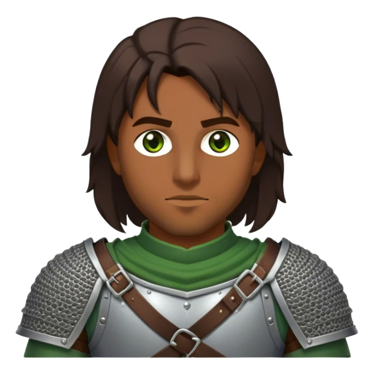 medieval battle armor worn by a DnD themed fantasy character. basic half-plate armor with a chainmail coif and a leather gorget. armor only above the waist. The armor full waist. The character's haven't arms. character is dark brown hair green eyes shoulder-length hair brown-skinned man. sticker