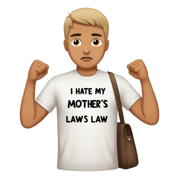 Guy wearing t shirt saying I hate my mothers law sticker