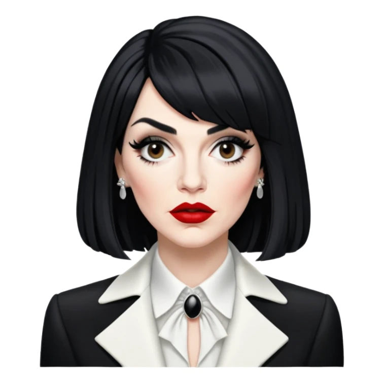 Moira Rose from Schitt's Creek with dramatic black and white outfit, bold red lips, distinctive black wig, and exaggerated expression sticker