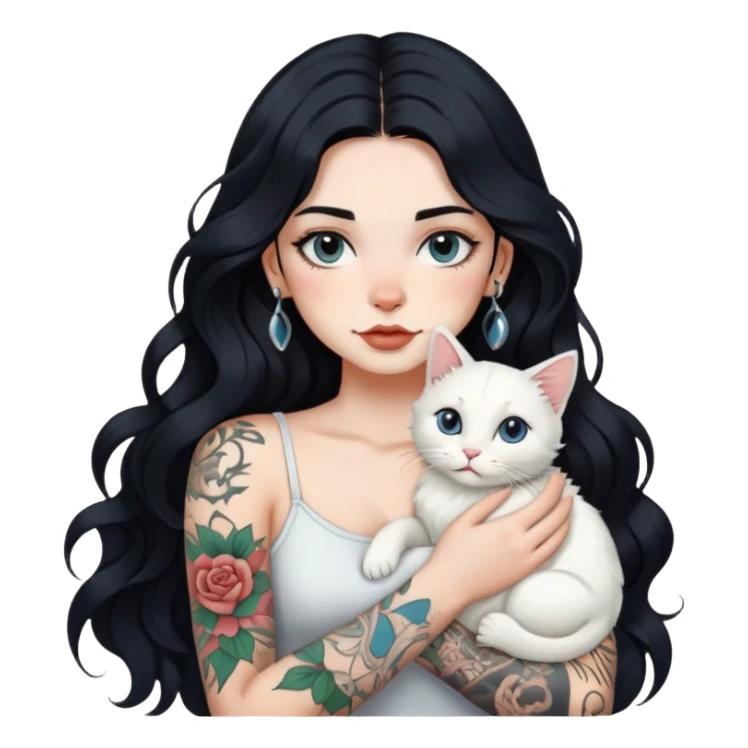 girl with long wave black hair and tattoos and a white cat sticker