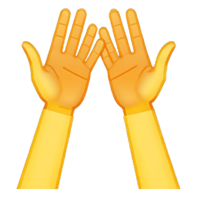 Pixel art emoji, two hands up, 8-bit style, energetic yellow and orange glow, simple white background, iconic dance music aesthetic. sticker