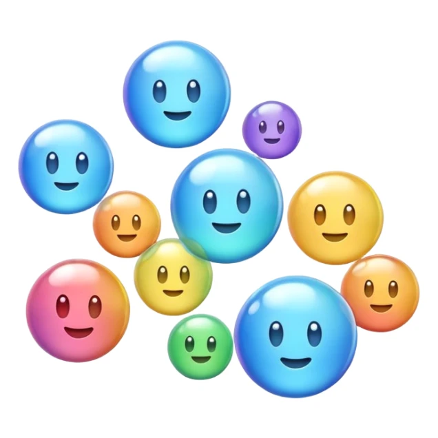 3D iPhone style emoji of multiple bubbles, translucent and shiny, floating in the air, various sizes, isolated on white background, soft shadows, high detail, playful and cute. sticker