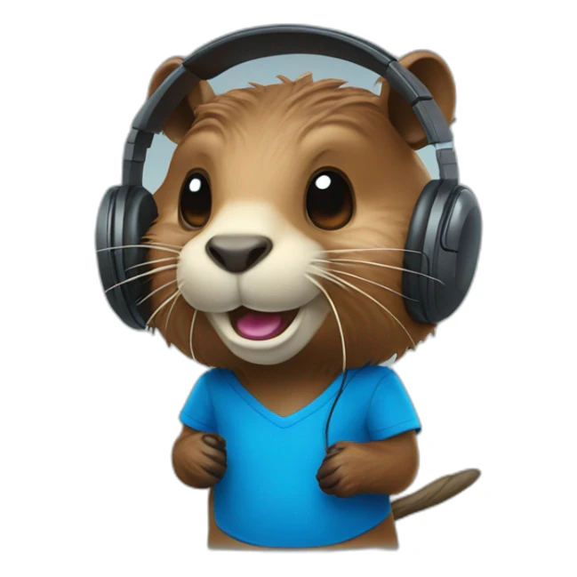 beaver with headphones, two longs teeths and blue jersey sticker