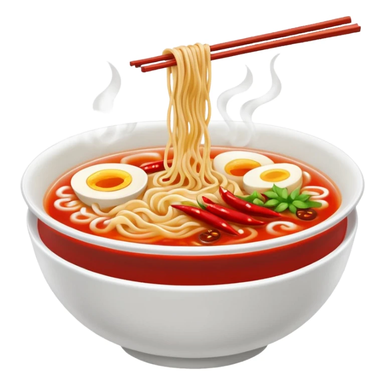steaming ramen bowl with red broth and chili slices sticker