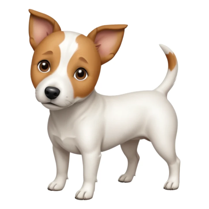 a full body white jack russel looking dog the size of a kelpie with light brown ears and a light brown patch on one eye, flopped down ears and a large snout sticker
