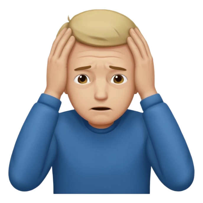 A white man sits at his desk, clutching his head in his hands. sticker