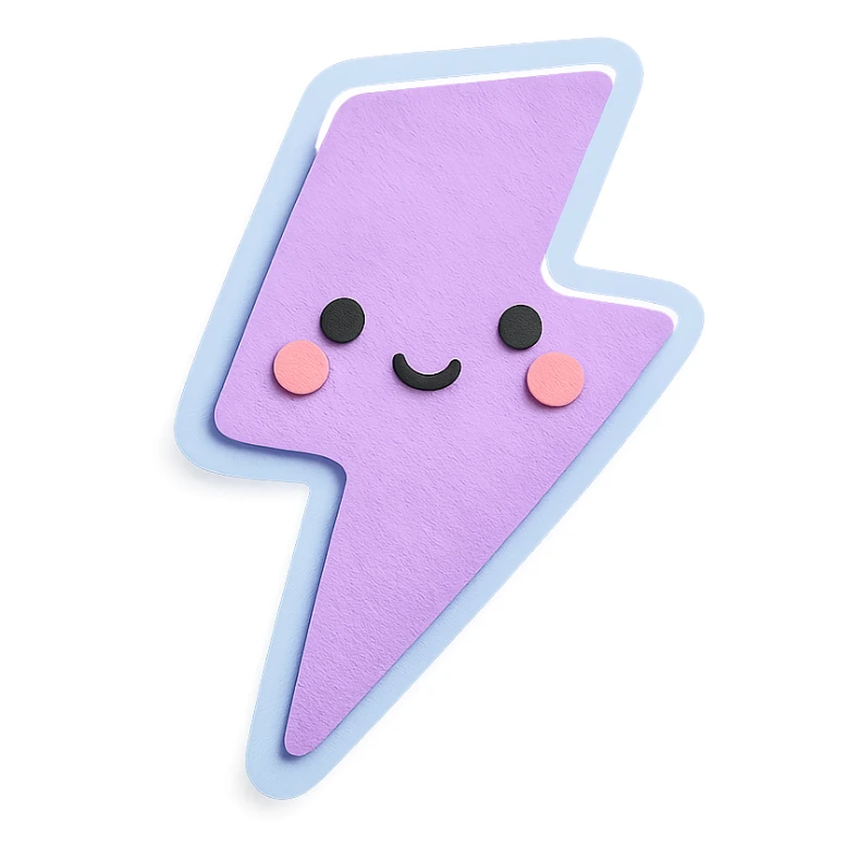 adorable pastel lavender lightning bolt with soft glow and shy face, no arms or legs, full body, kawaii style sticker
