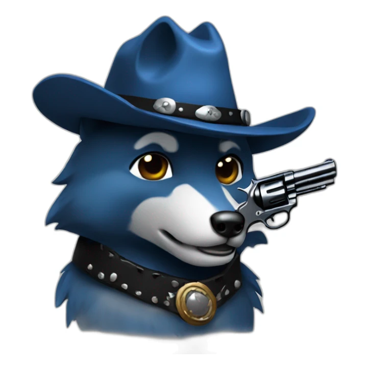 blue wolf with a black cowboy hat holding a cowboy revolver sticker