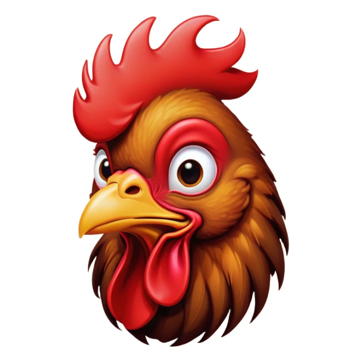 Cinematic Comical Brown Rooster Portrait Emoji, Head tilted dramatically with an exaggeratedly amused expression, featuring a striking, glossy brown plumage with a bold red comb, wide, expressive warm eyes filled with playful disbelief, Simplified yet hilariously expressive features, highly detailed, glowing with a slightly sassy glow, high shine, dramatic yet playful, stylized with an air of cheeky mischief, bright and endearing, soft glowing outline, capturing the essence of a spirited and over-the-top rooster, so meme-worthy it feels like it could crow its way into internet fame instantly! sticker