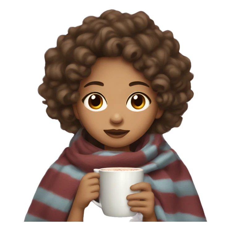 Light skin girl in blanket, drinking hot cocoa with curly hair sticker