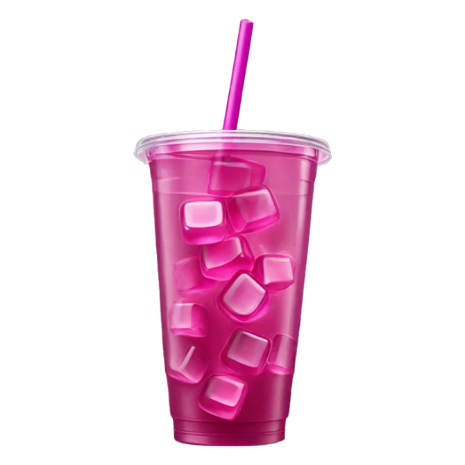 Realistic plastic cup and lid with Transluscent magenta soda and large ice cubes inside and one straw through the top of the lid. sticker