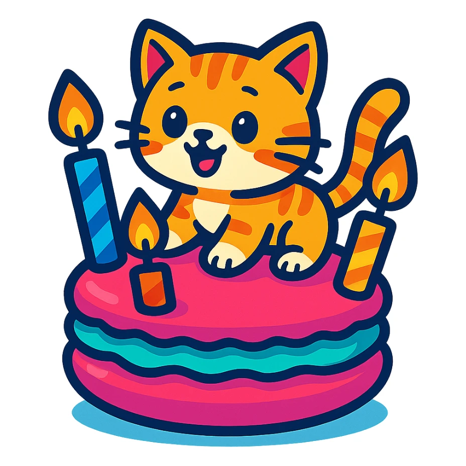 kitten riding giant macaron with candles, vibrant-toon style sticker