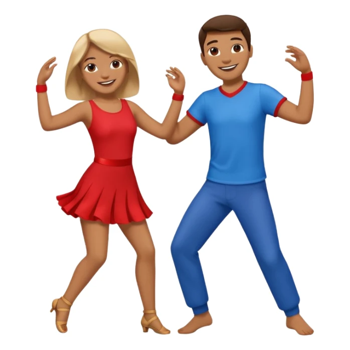 two people dancing together, one wearing red and one wearing blue sticker