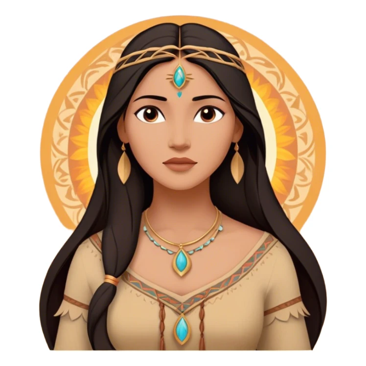 Cinematic Radiant Pocahontas Portrait Emoji, rendered in a vector-style with clean lines. Show Pocahontas with luminous, sun-kissed skin and flowing dark hair adorned with subtle natural ornaments, her expression calm and kind, dressed in simple traditional attire with earthy tones. The image glows softly with a warm, inviting radiance, enhanced by a soft glowing outline. sticker