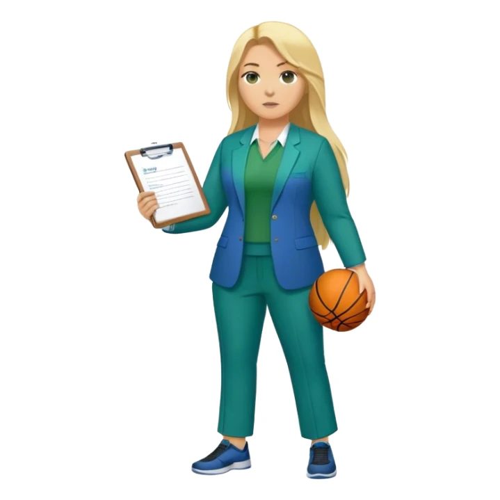 Full Body white plus size female basketball head coach using a clipboard with long blonde hair in a blue and green suit sticker