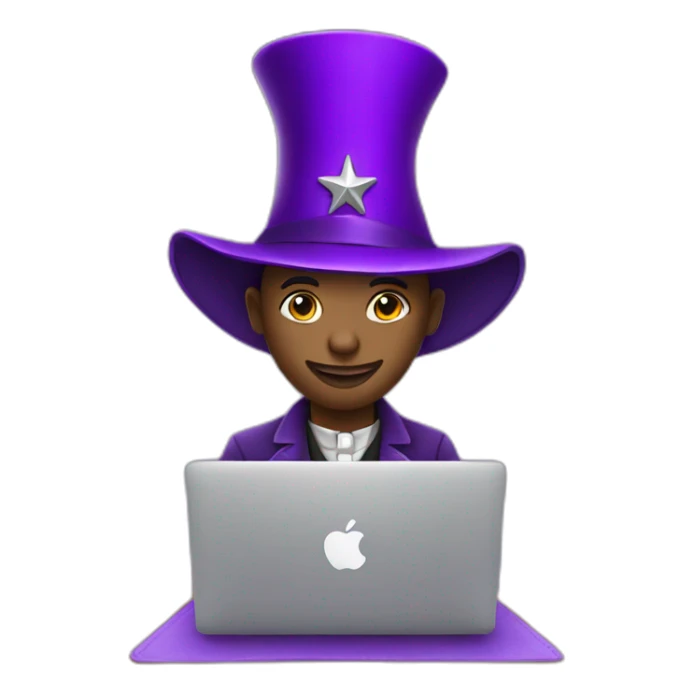 magician with a purple magic hat with a star working on a macbook sticker