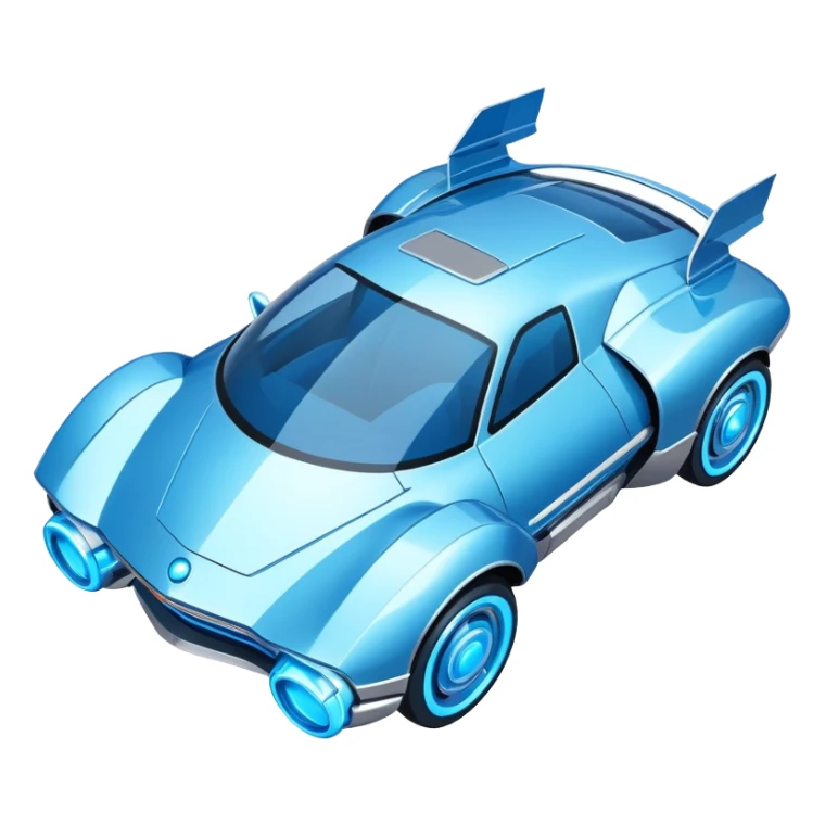 Top-down view of futuristic retro hover car with angular design and glowing blue wheels, flat vector style, minimal color palette with blue highlights sticker