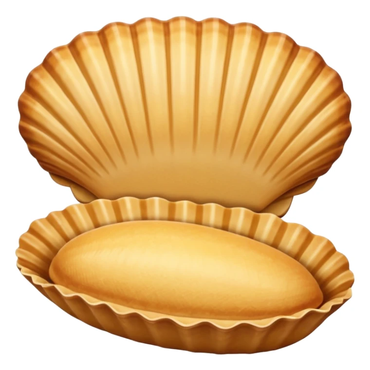 A madeleine pastry. Oval seashell shape with ONLY four to five vertical lines going in the same direction. Light golden brown. Scalloped edge. Cookie. Flat. Long. Oval shape. Lets scallops. Only four or five scalloped lines. Oblong shape. More length. Less roundness. More vertical length sticker