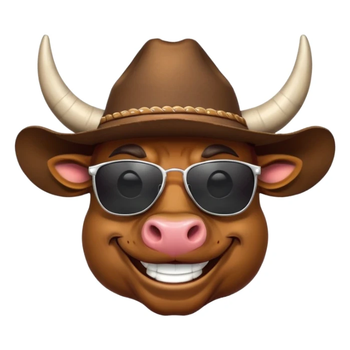 smiling bull head with prominent horns, dark sunglasses, and cowboy hat sticker