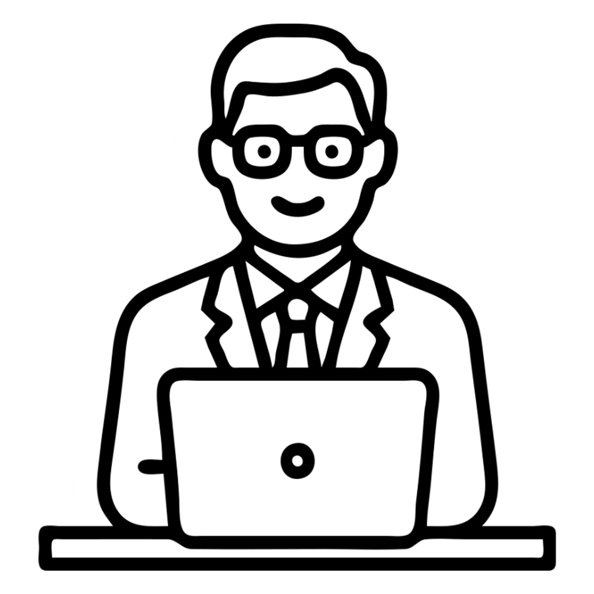 A 35-year-old male business coach sitting at a desk with a laptop sticker