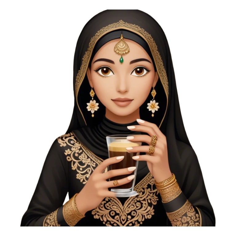 A delicate hand adorned with intricate floral henna designs holds a traitional glass of Arabic coffee. The deep brown henna contrasts beautifully with the rich embroidery of the black outfit, which features shimmering floral patterns. A gold ring and dark nail polish add elegance to the aesthetic. sticker