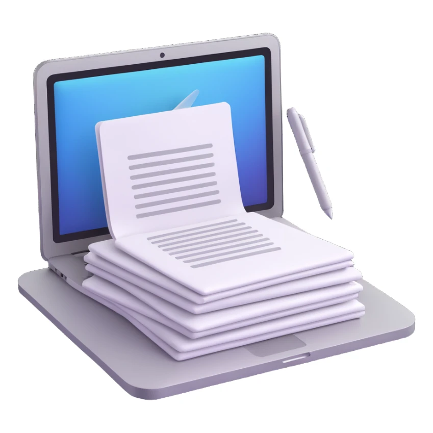a MacBook with a stack of papers and a pen, 3D iOS icon style sticker