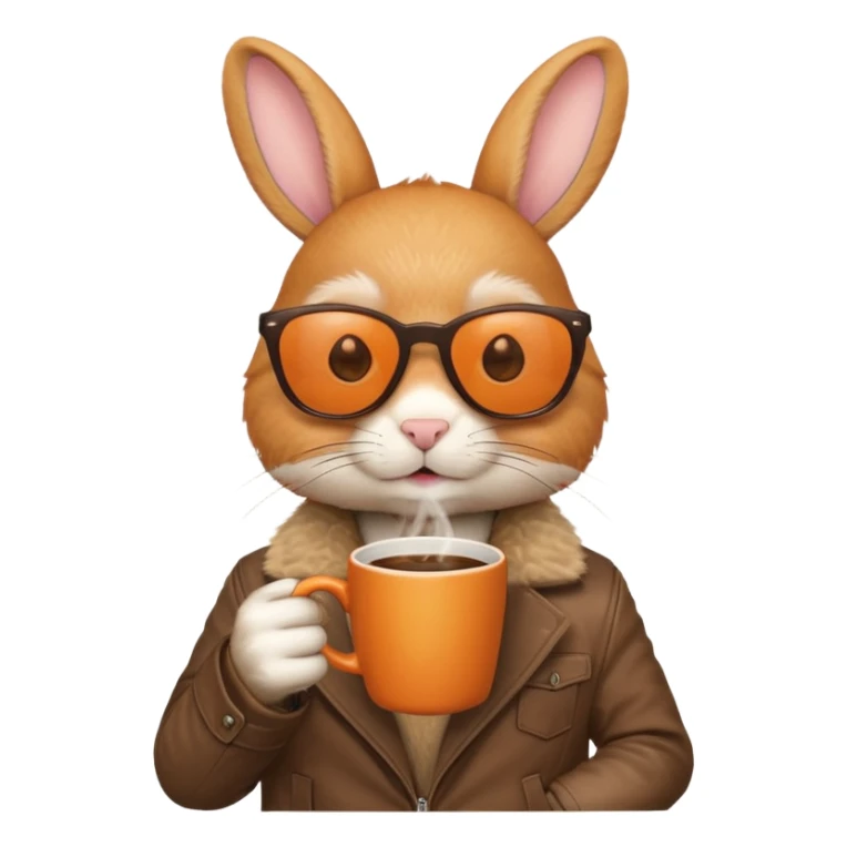 Orange rabbit, wearing brown jacket, sunglasses, holding coffee mug sticker