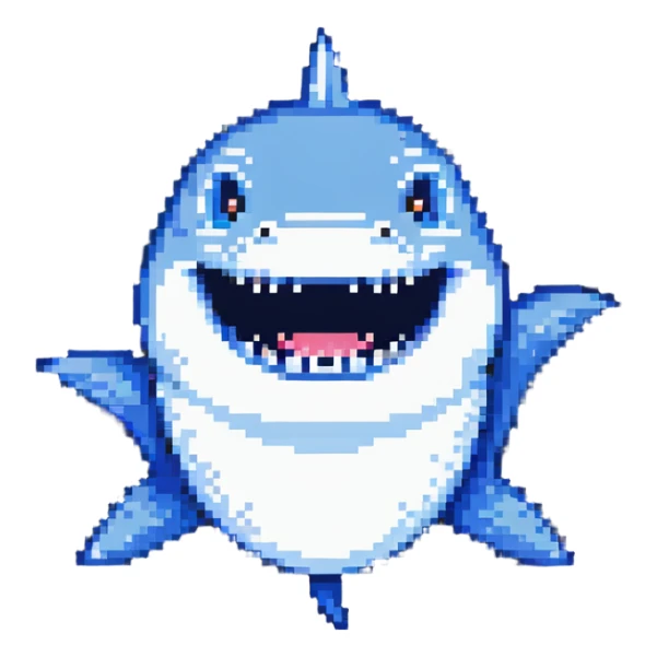 smiling shark with visible white teeth and blue body sticker