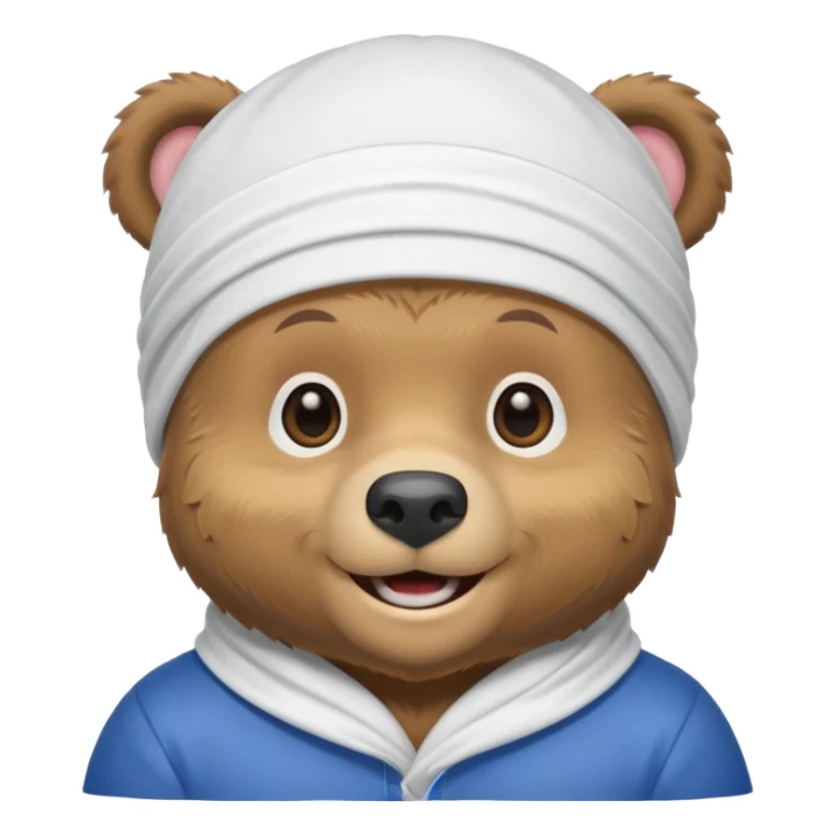cute Russian grizzly bear wearing a white durag, with a smile sticker