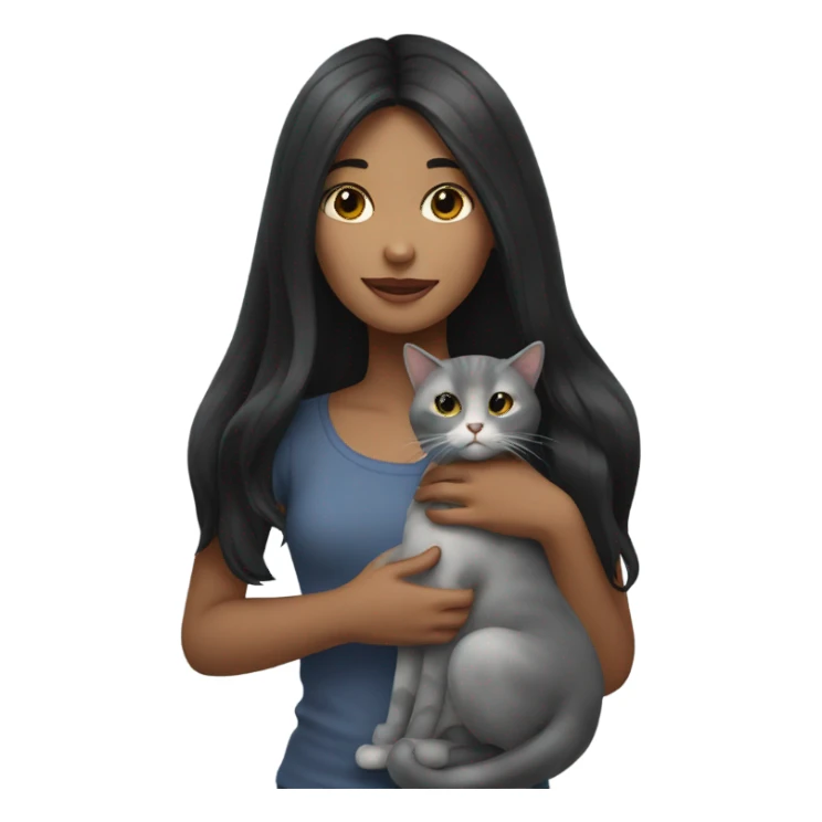 A girl with long black hair is holding a gray cat sticker