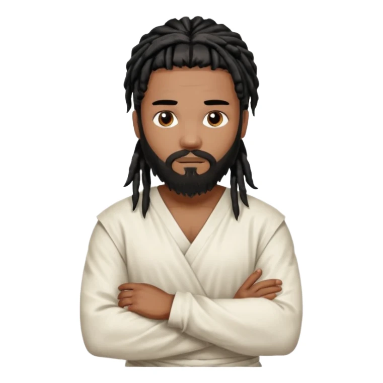 African American man with shoulder length black dreadlocks with black beard wearing a white blood stained white tunic with arms folded together across chesttunic sticker