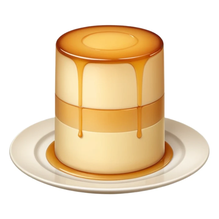tall cylindrical flan dessert with smooth slightly translucent beige gelée texture on a round white plate resembling a tower sticker