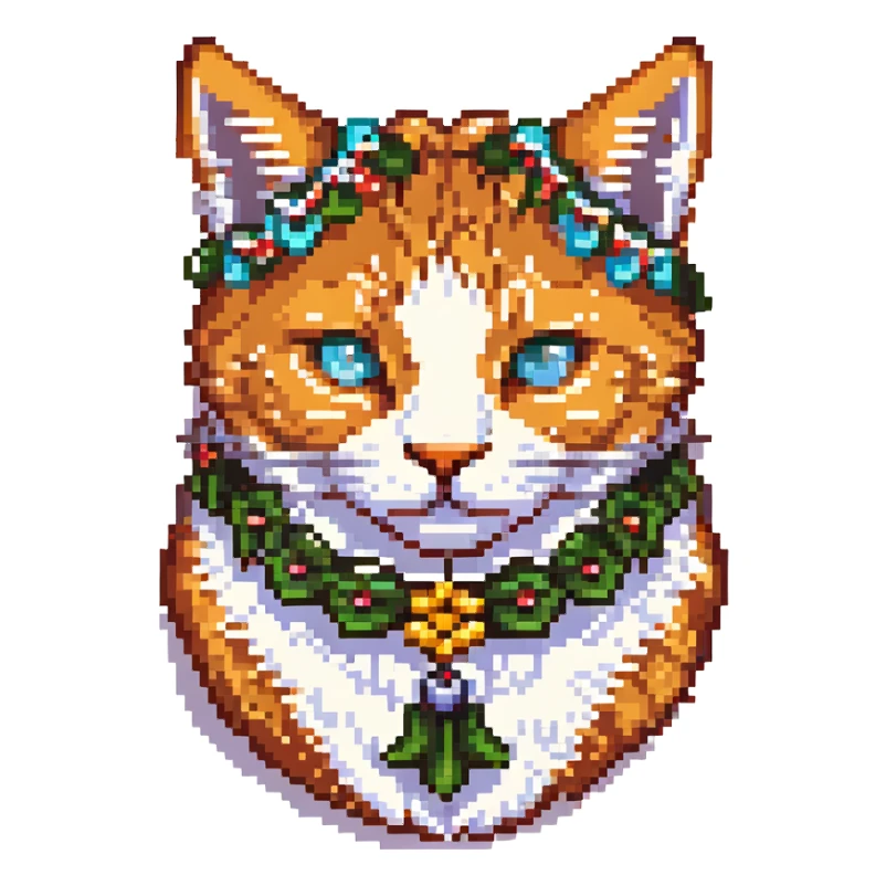 head of a ginger cat with a garland on the ears, pixel art sticker