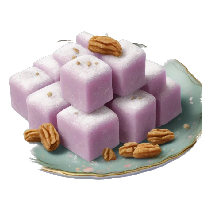 Turkish delight stacked cubes with chopped walnuts and covered with powdered sugar, on a floral porcelain plate sticker