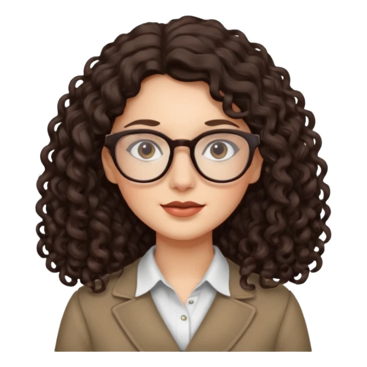 lady with glasses, long dark brown curly hair, neutral expression sticker